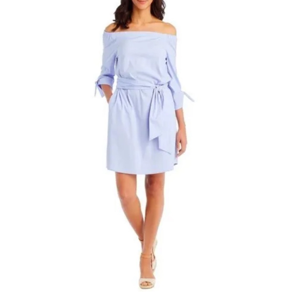 J McLaughlin Tiegan off shoulder dress pastel blue tie roll tab sleeves XS